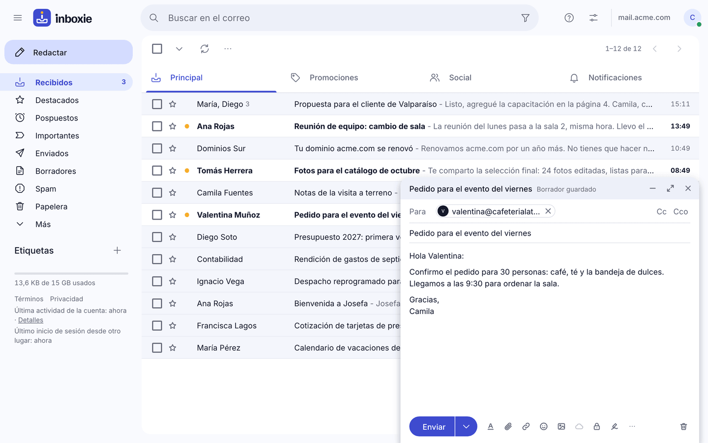 La ventana para redactar de Inboxie abierta sobre Recibidos, con destinatario, asunto, el texto de un correo y el botón Enviar.