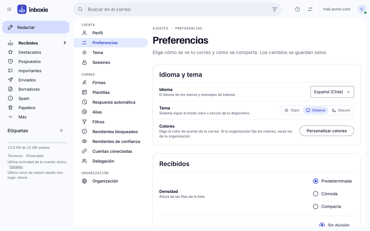 Las preferencias de Inboxie: idioma, tema claro, oscuro o del sistema, colores de acento y densidad de la lista.